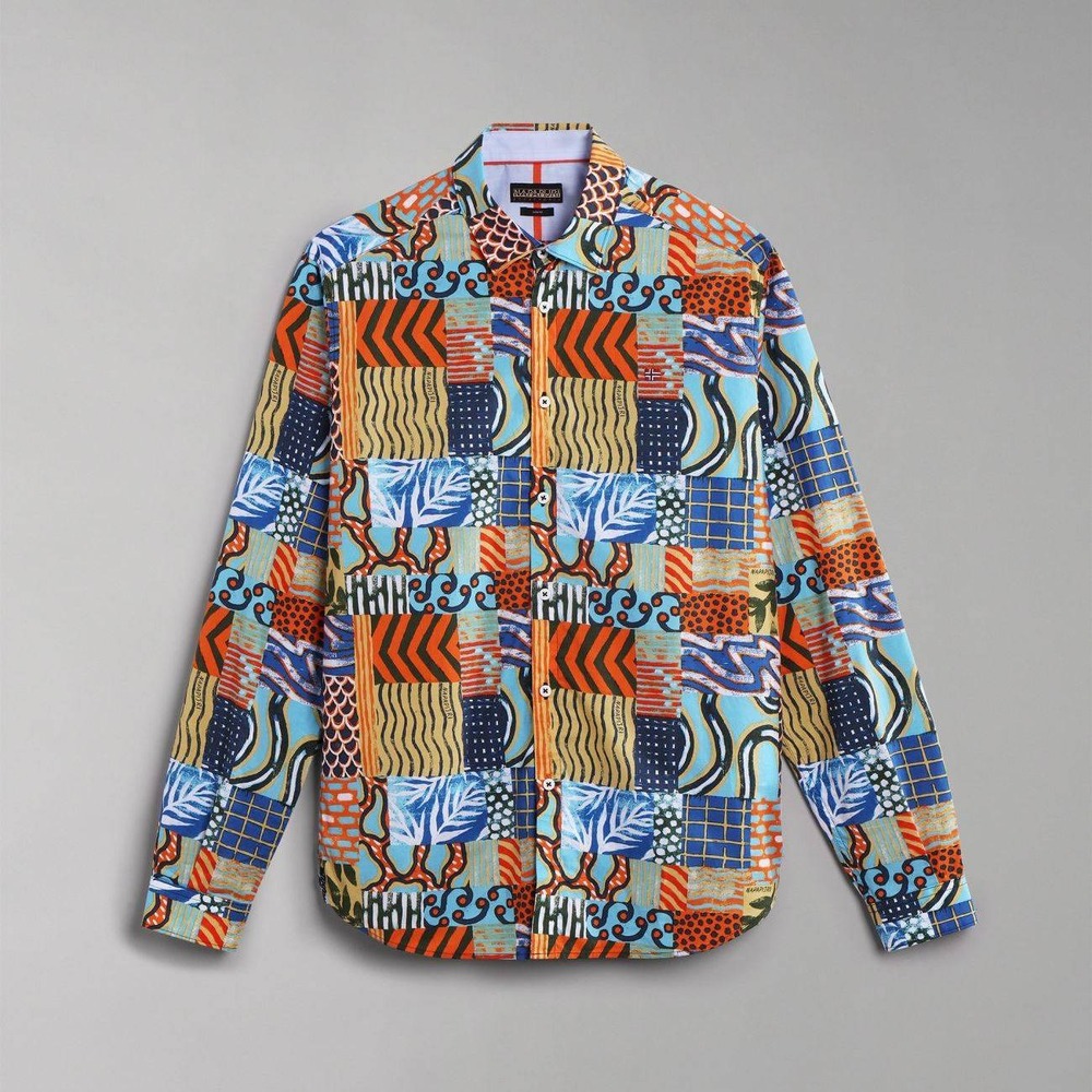 Napapijri Courma Patchwork Geographic Long Sleeve Button‎ Down Shirt XL Slim Fit